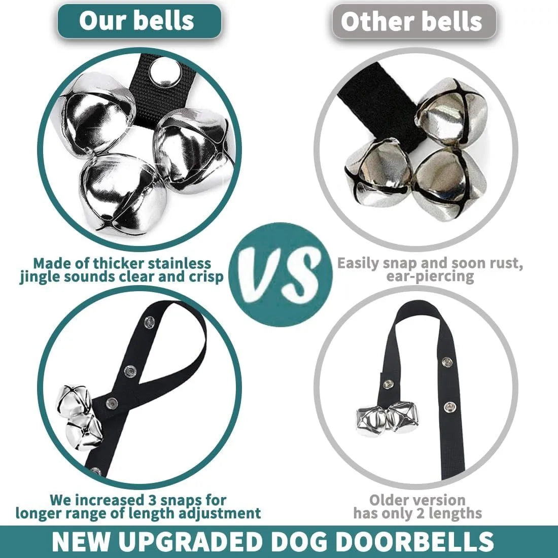 Premium adjustable dog training doorbell with extra large silver metal bells and nylon strap