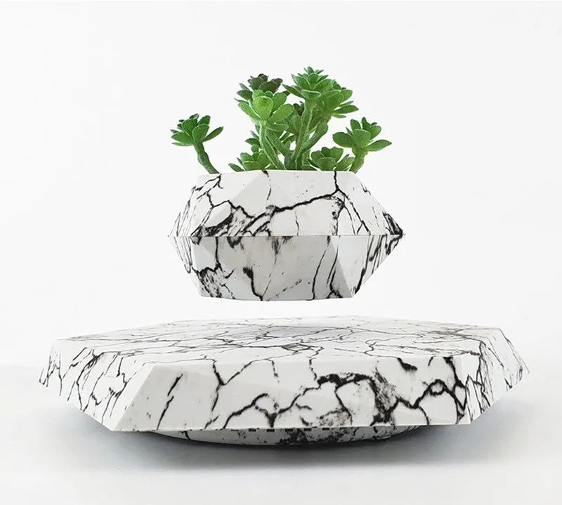 Marbling colour magnetic levitating plant pot floating with bonsai in modern home setting