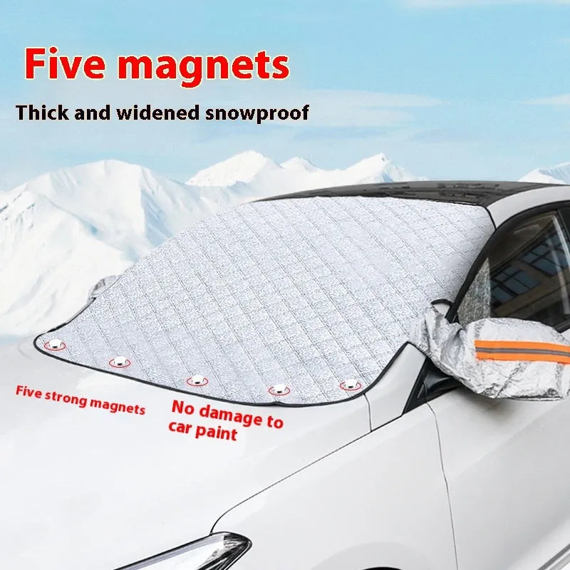 Large aluminium foil winter car cover with reflective stripes and magnets for SUV frost protection.