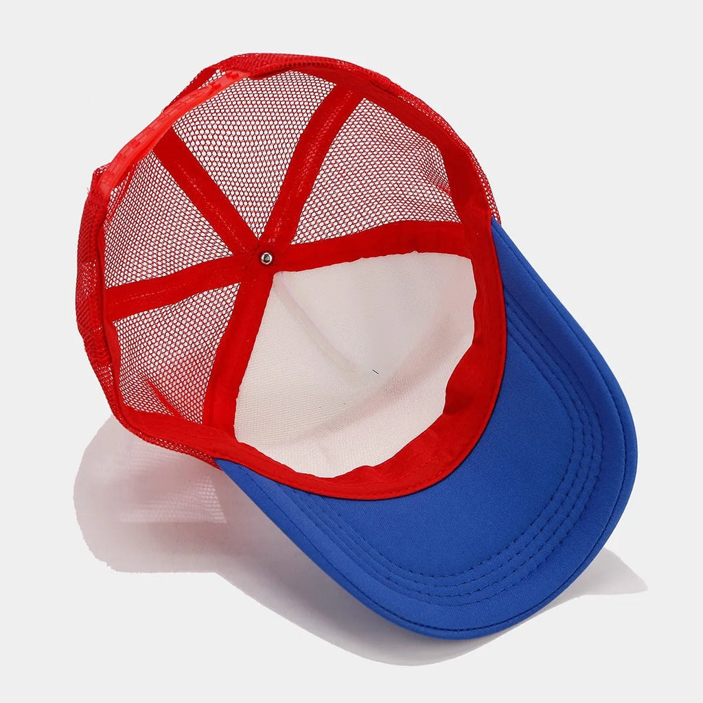 Red and blue contrast breathable adjustable baseball cap with dome crown