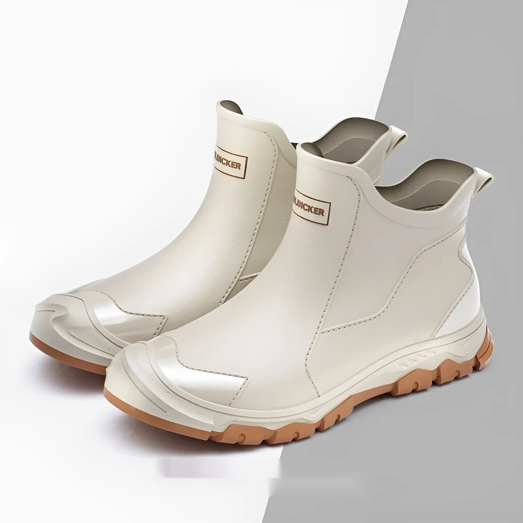 Low tube PVC rain boots with plastic soles in multiple colour options