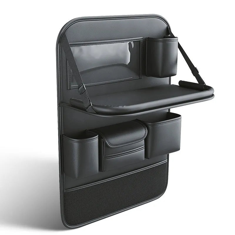 Car seat back storage bag with foldable dining table in waterproof leather construction