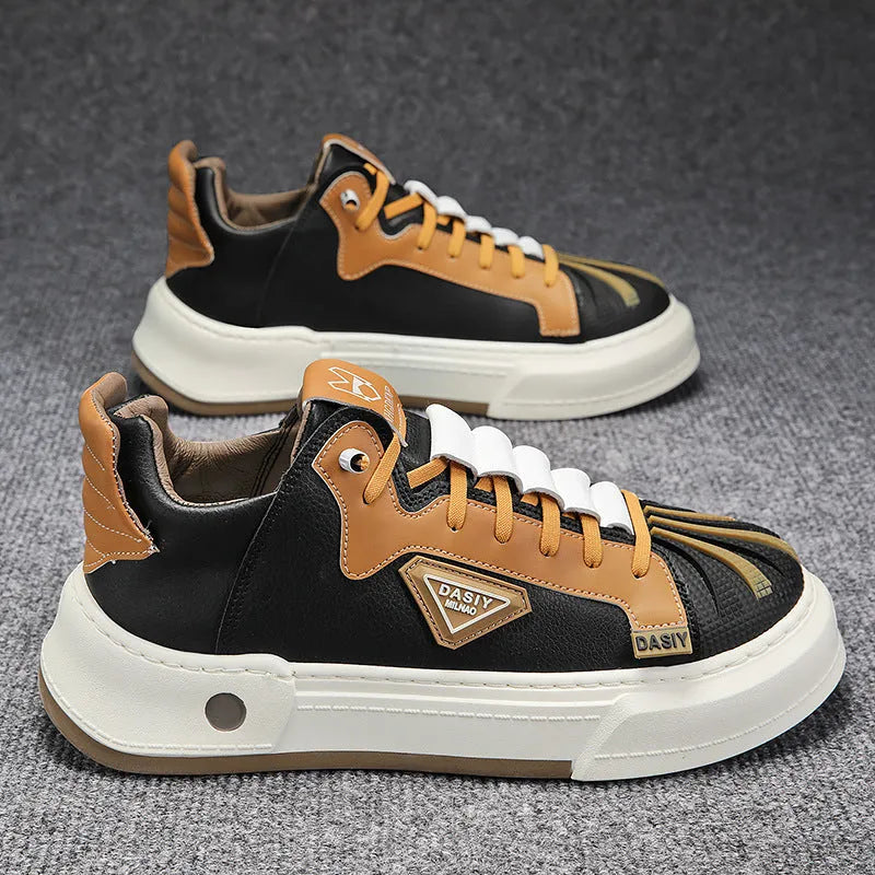 Men's beige and black low-top casual sneakers with elastic band fastening and mesh lining.