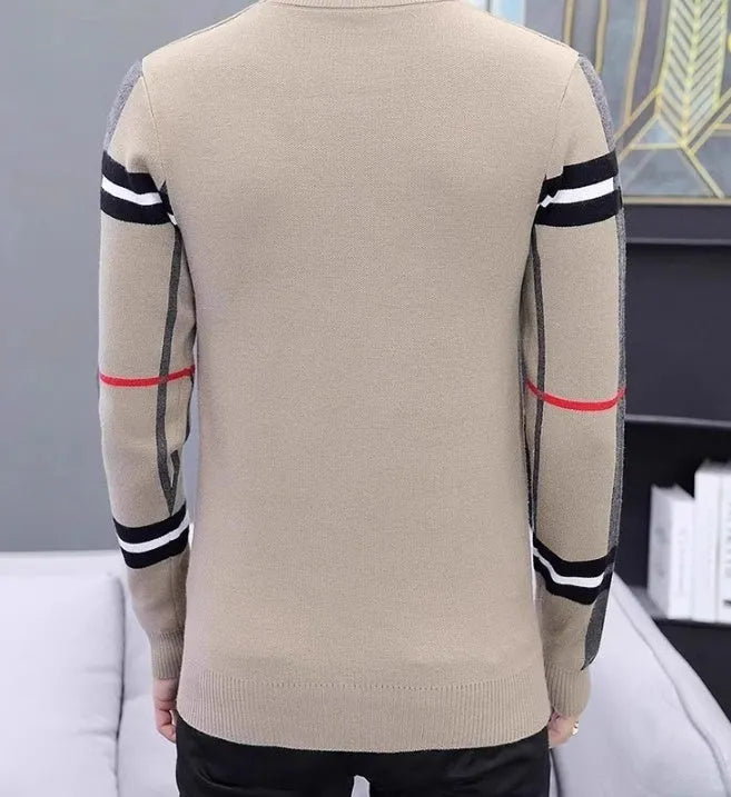 Slim-fit contrast colour round neck men's sweater in black, extra coarse wool, sizes M to 5XL