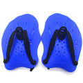 Pair of black webbed swim training hand paddles with five individual finger loops, laying flat on a blue background.
