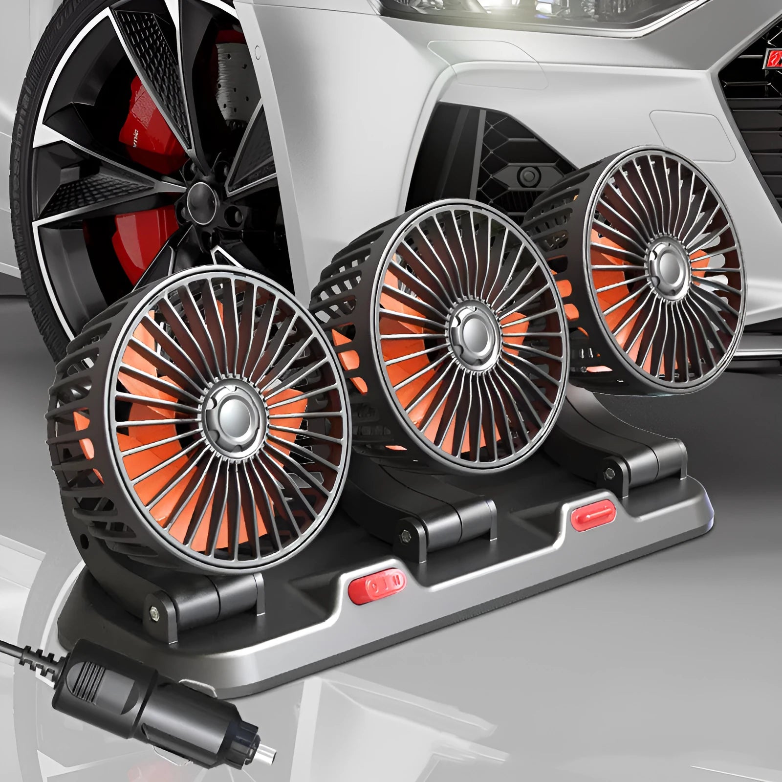 Three-head 12V car cooling fan with adjustable heads and a long cable for cigarette lighter or USB power.