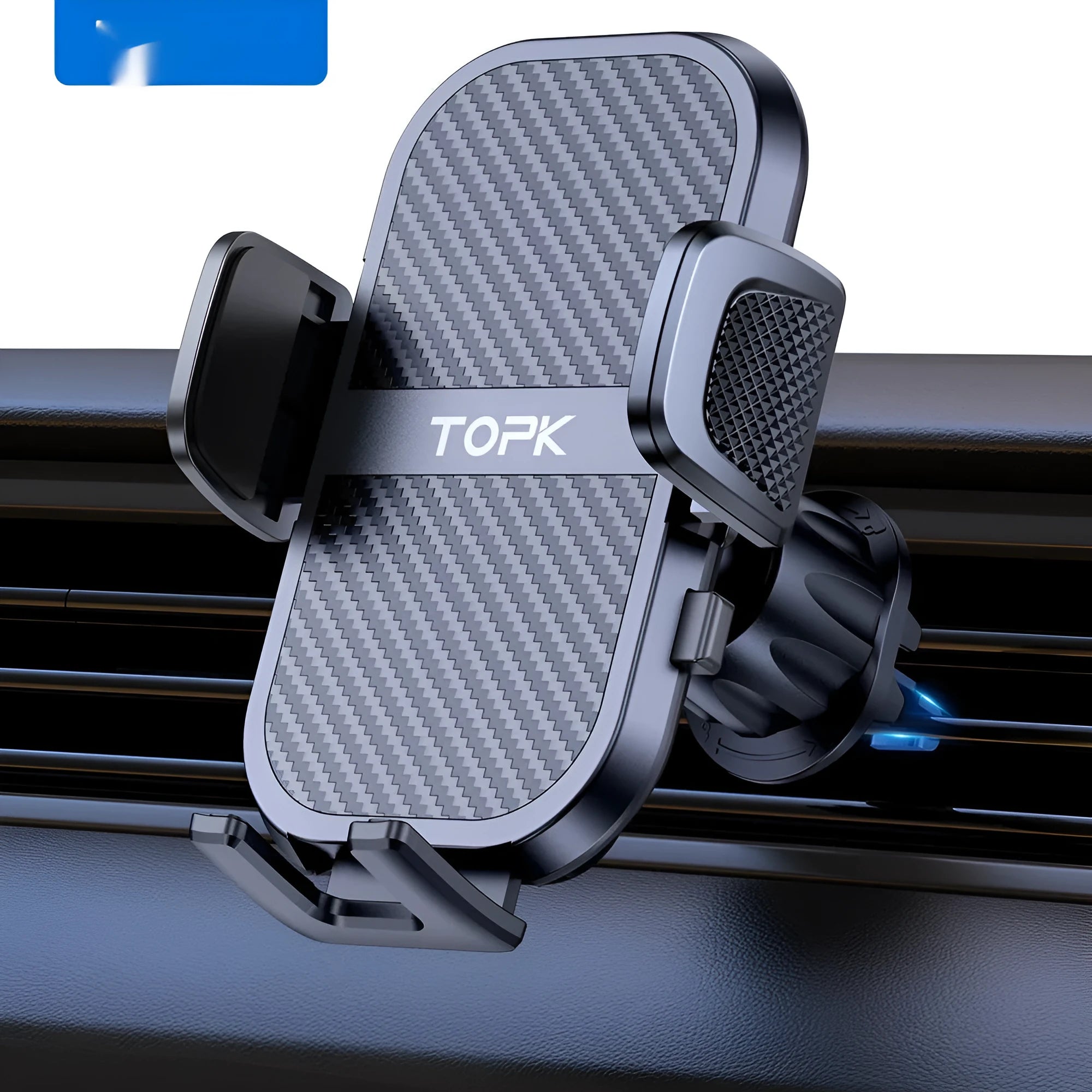 Universal car phone holder showing five different mounting bracket styles for windshield, dashboard and air vent installation.