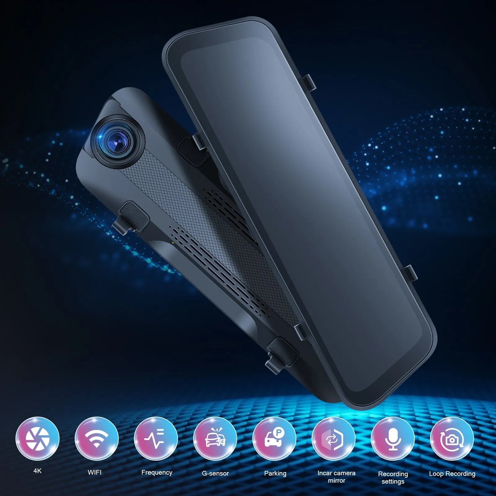 Streaming media rearview mirror with 9.66 inch touch screen displaying dual camera view