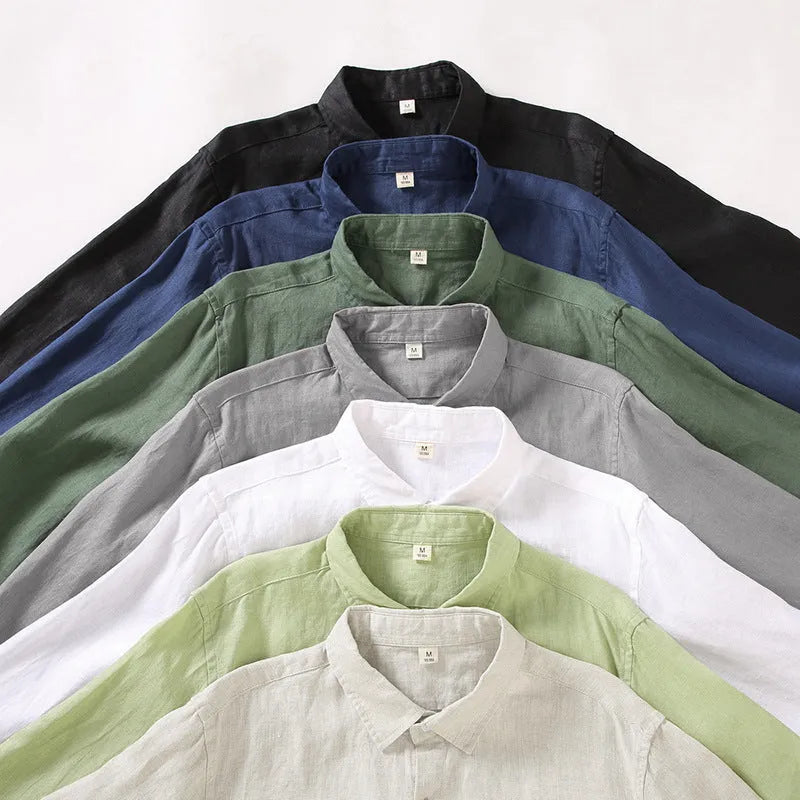 Linen long sleeve shirt in Chinese cardigan style showing loose fit and sun protection design