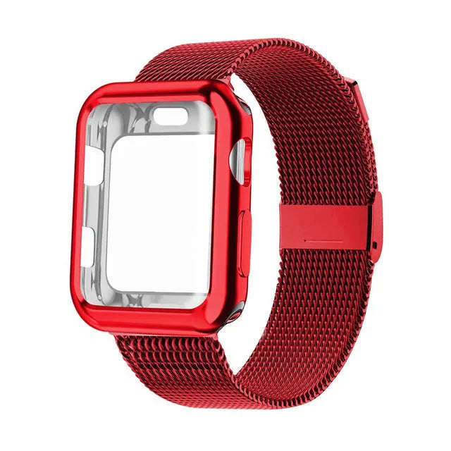 Silver Milanese loop metal strap with magnetic clasp attached to an Apple Watch on a wrist.