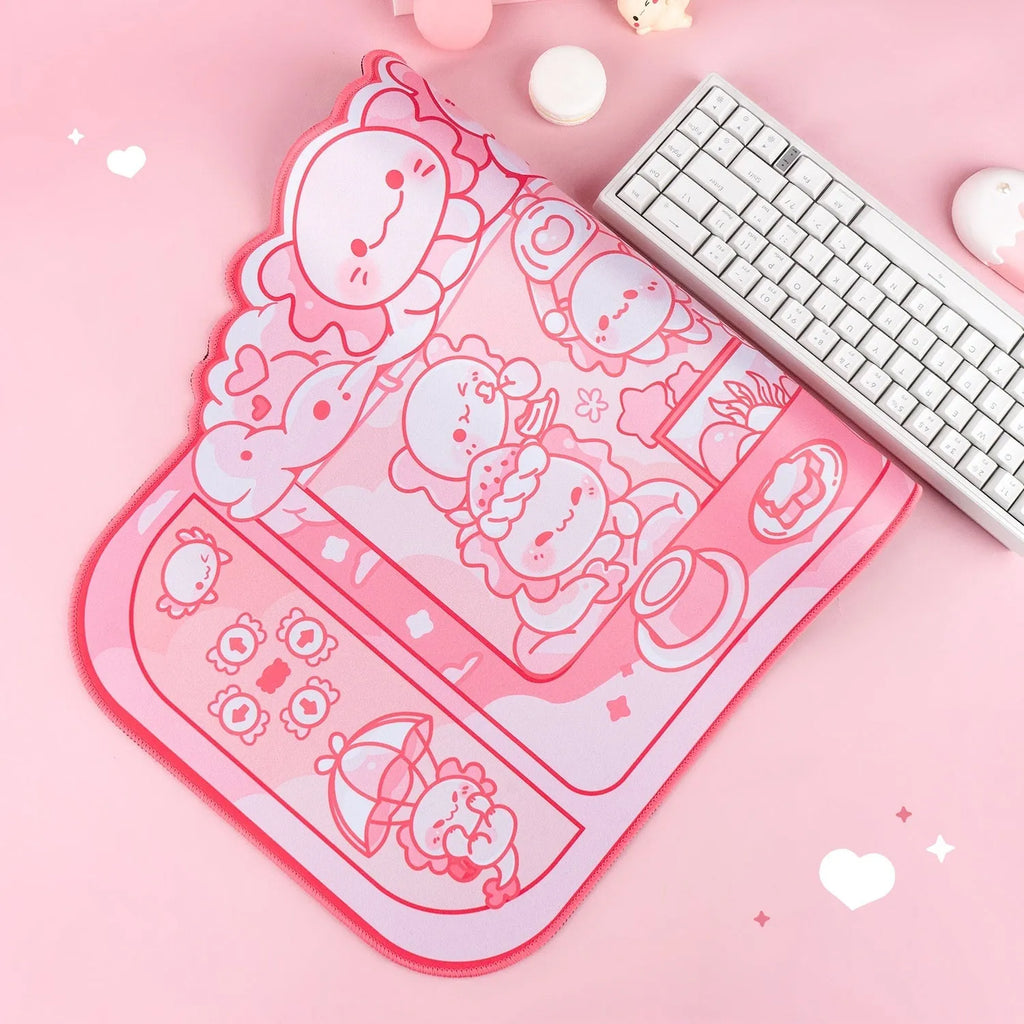 Large grey cloth mouse pad with cartoon anime hexagonal dragon crane machine print and a black wrist strap.