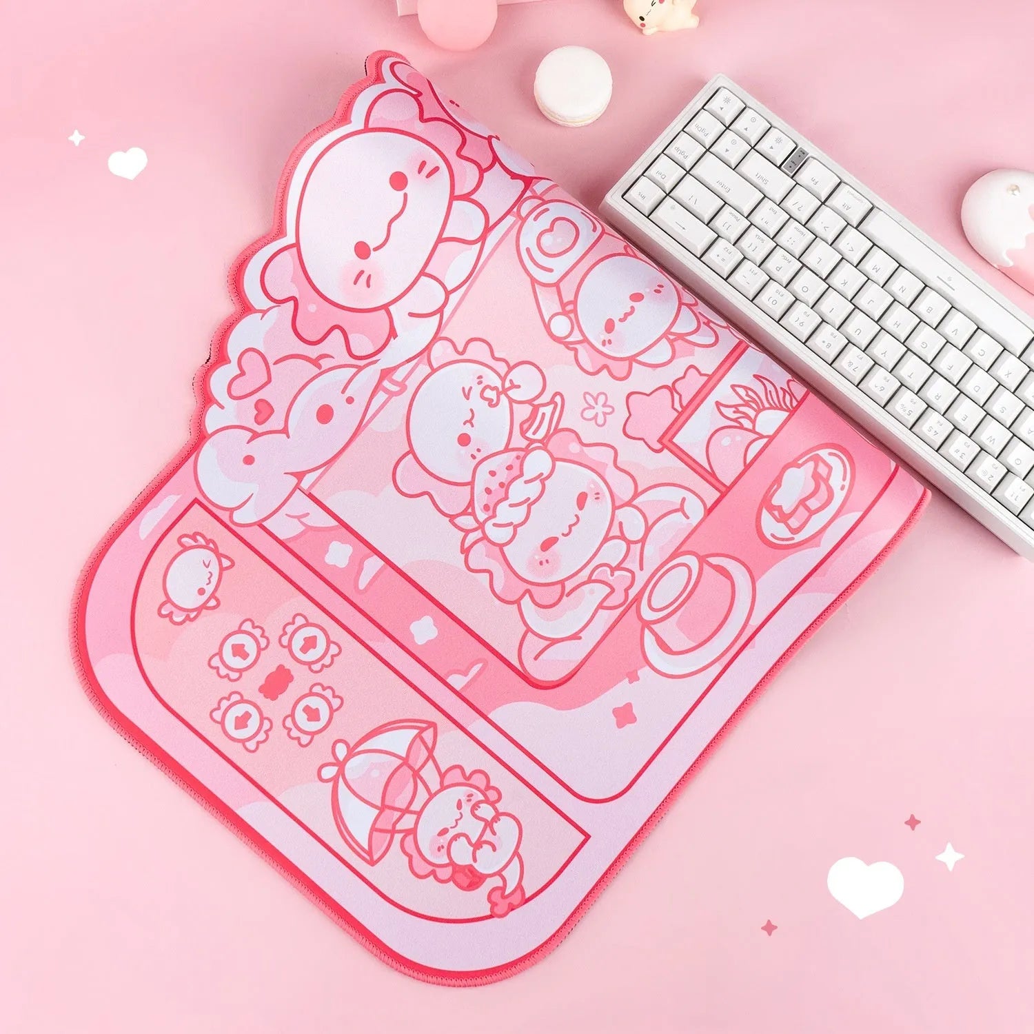 Large grey cloth mouse pad with cartoon anime hexagonal dragon crane machine print and a black wrist strap.