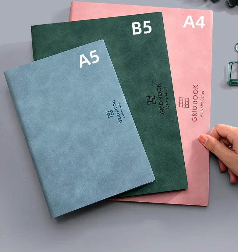 PU cover hand painted square grid notebook in lake blue, A5 size, with locking plastic binding