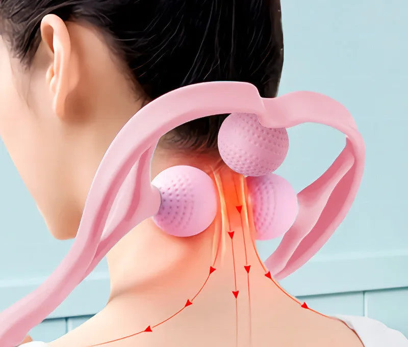 Three-ball manual cervical spine massager for head, neck, legs and feet in pink and light blue