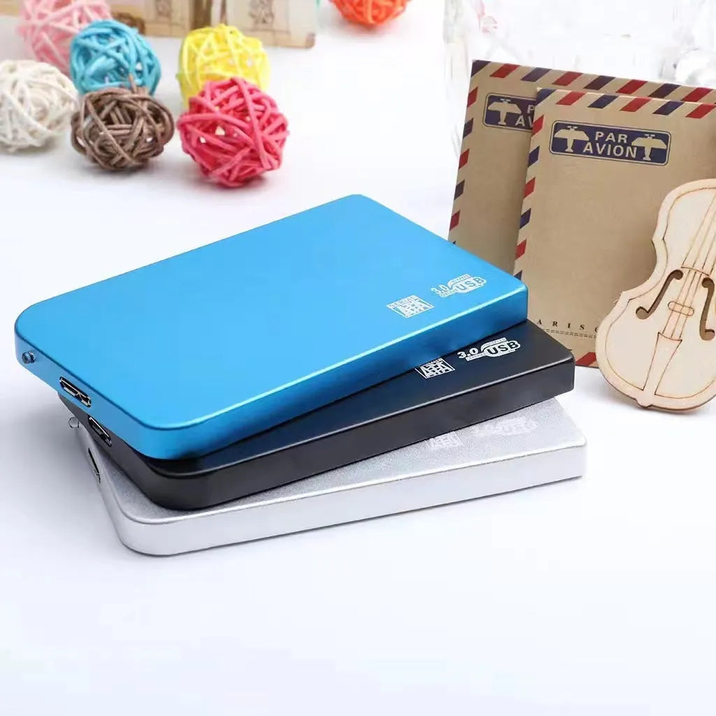USB 3.0 solid state mobile hard drive in a metal case, shown in black, blue, red, and silver colour options.