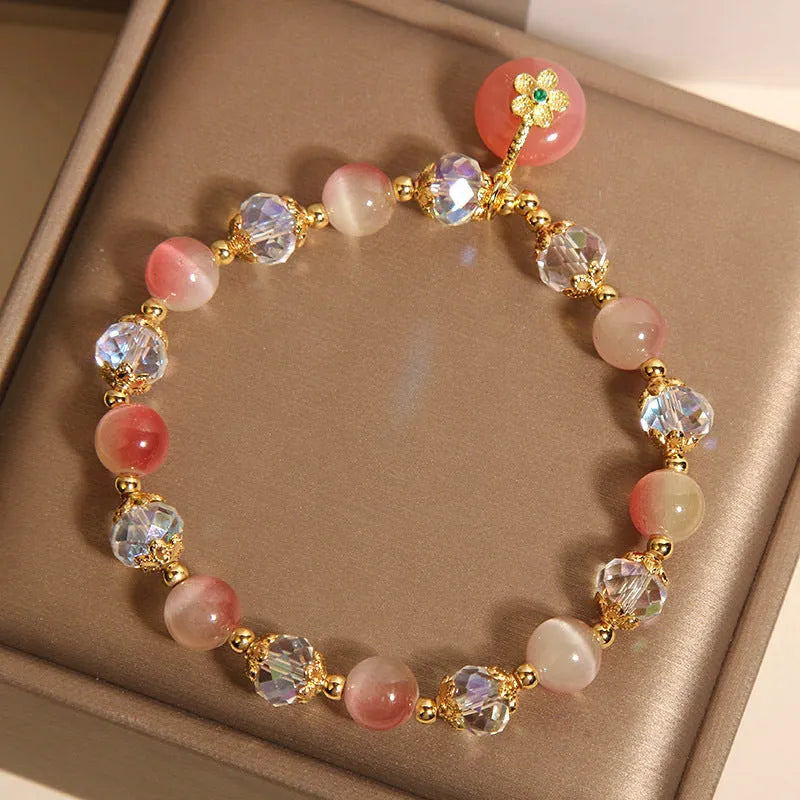 Gradually Varied Pink Opal Bracelet with crystal alloy inlay and peace buckle, women's Japanese Korean style