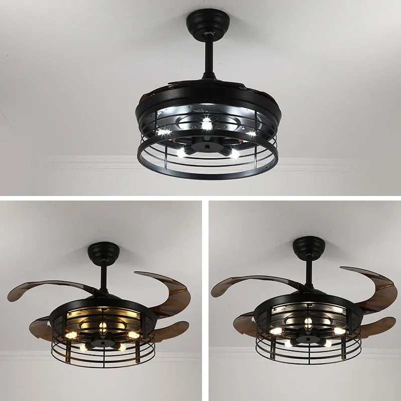 American retro styled ceiling fan lamp with integrated light and acrylic blades, shown with remote control.