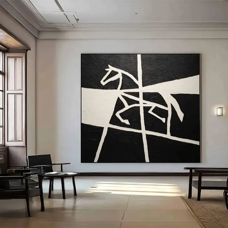 Handmade black and white horse oil painting on canvas, square frameless rolled wall art for home decor