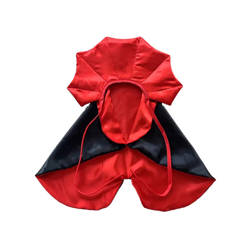 Red Halloween devil cloak and matching pointed hat for a small dog on a white background.