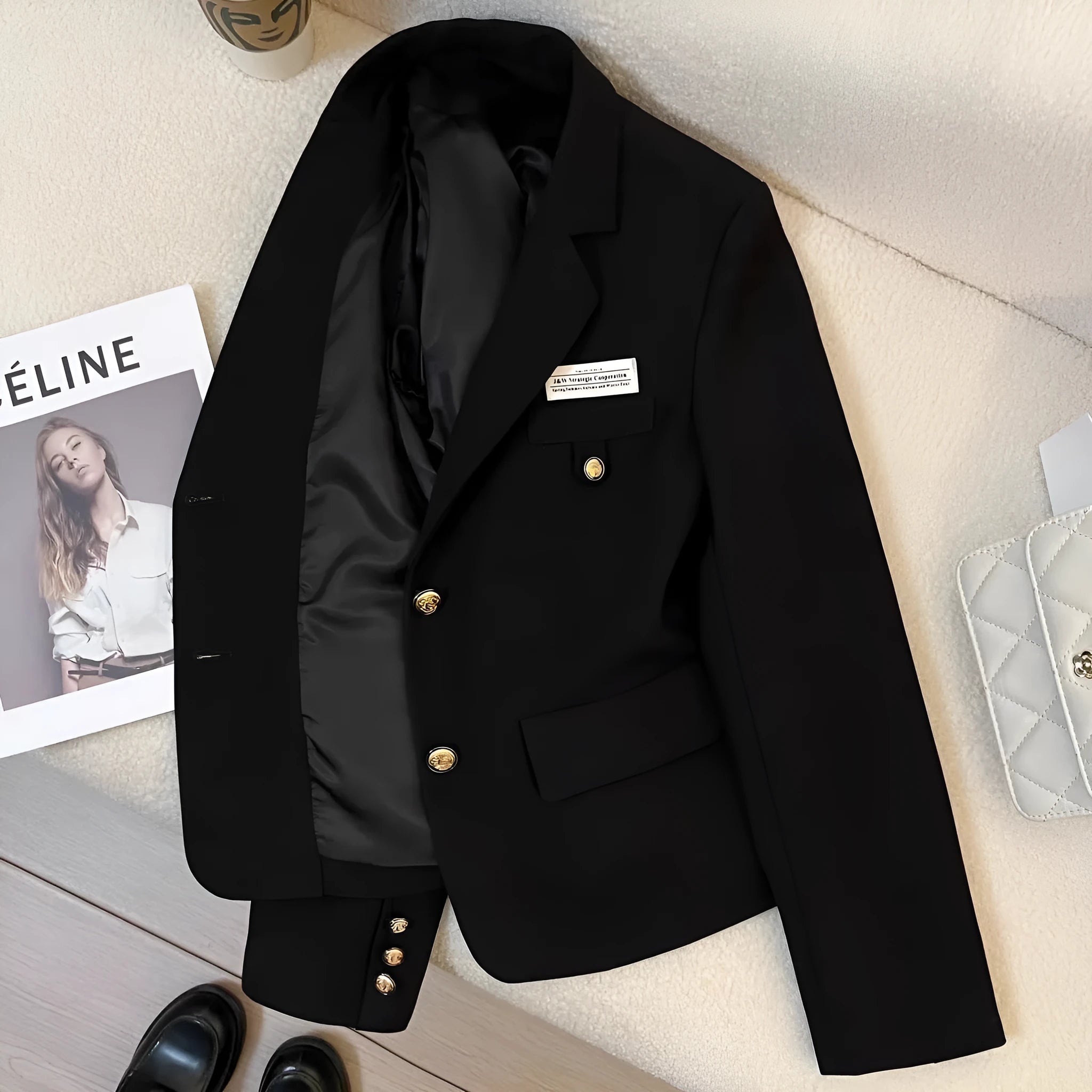 Women's black short suit coat with loose fit, long sleeves, and pocket details