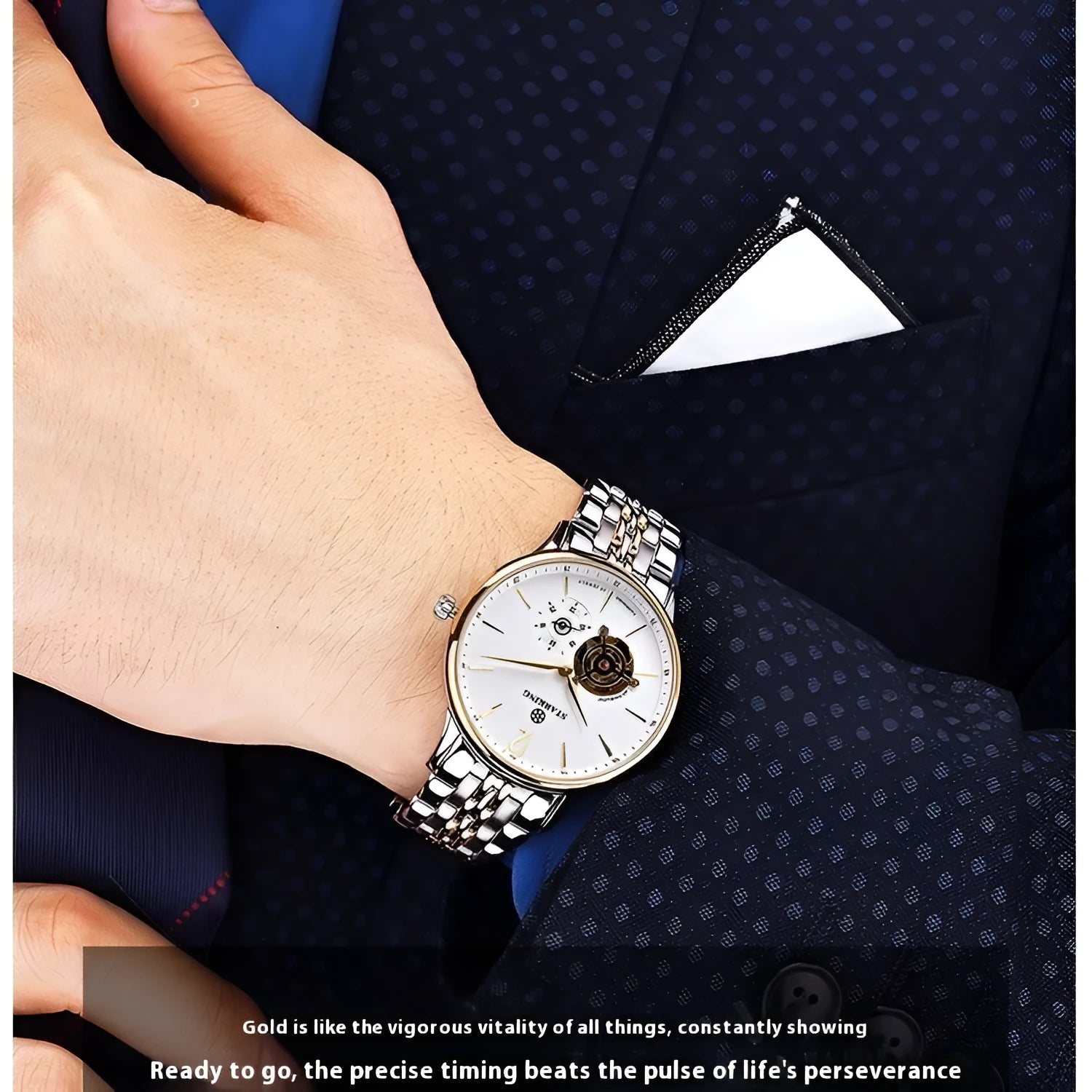 Automatic mechanical men's business watch with circular dial on brown leather strap.