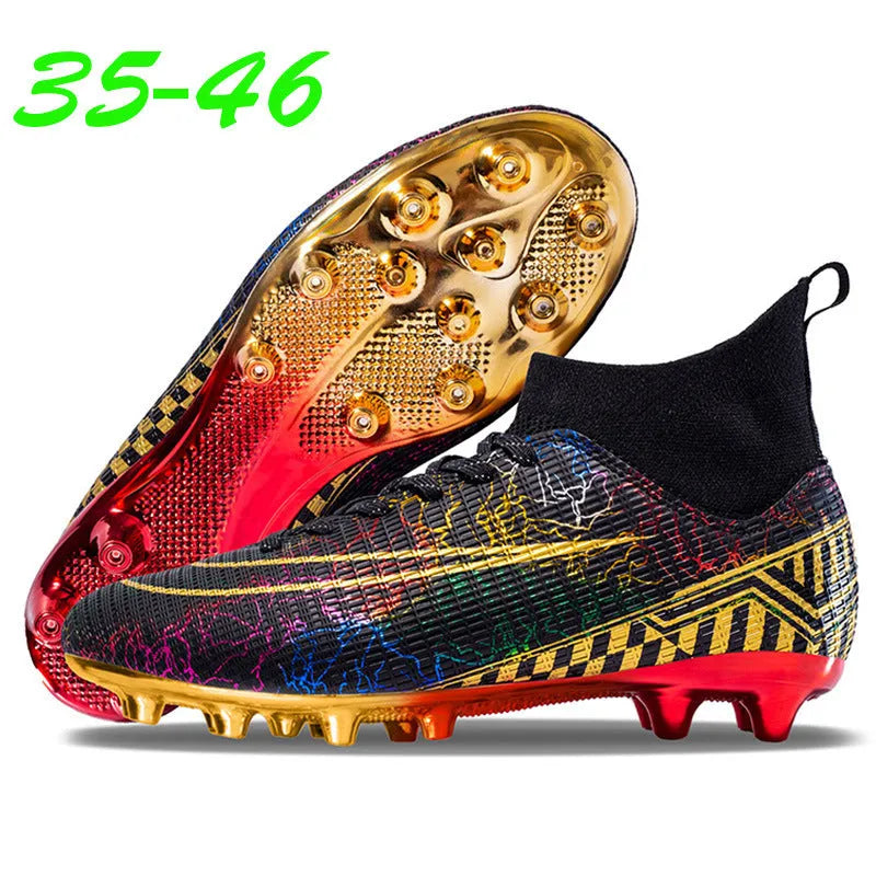 High-top football training shoes with gold-plated sole, synthetic leather upper in white, black or mandarin duck colours