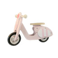 Pink wooden balance scooter for toddlers with a 10-inch non-slip deck.