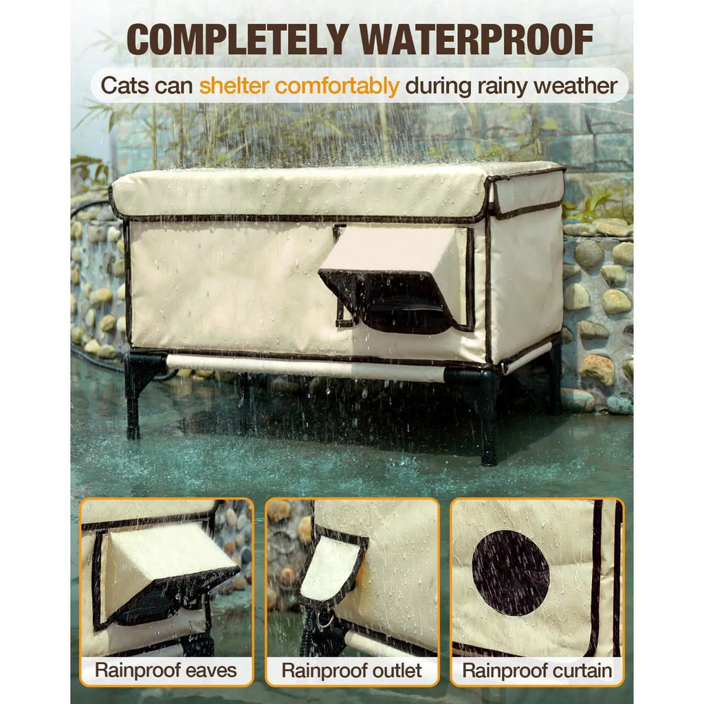 Beige outdoor waterproof Oxford cloth pet house with PVC pipe frame in folded set-up, suitable for cats and small dogs