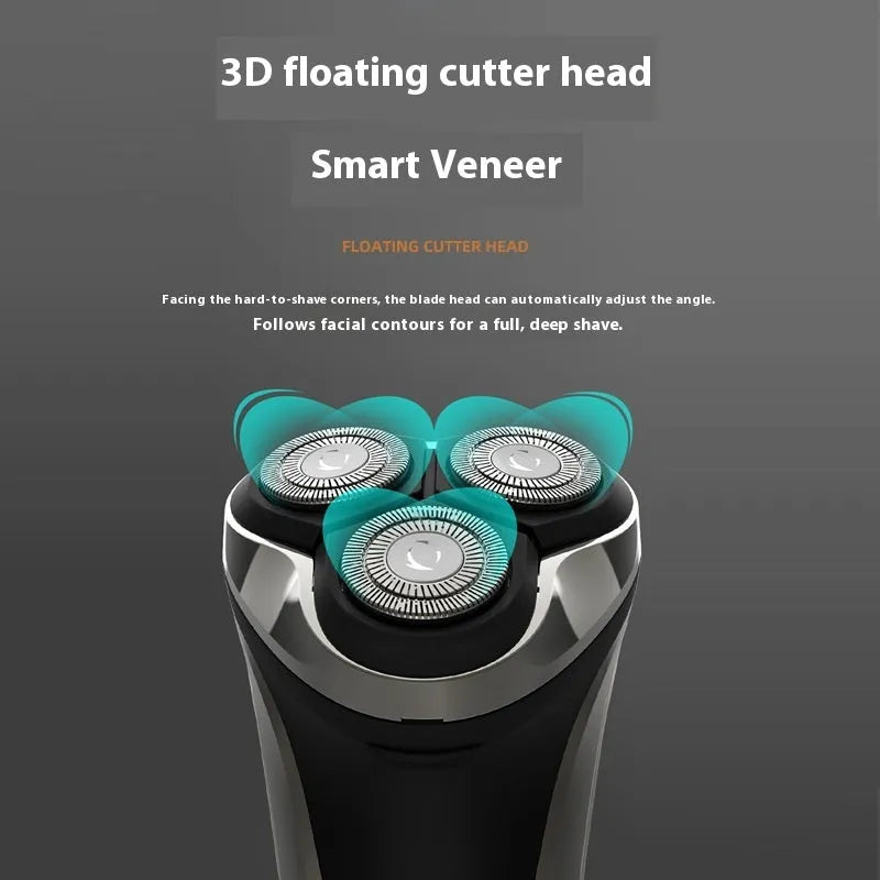 Floating 4D three cutter head rechargeable electric shaver with digital display in gun colour on white background