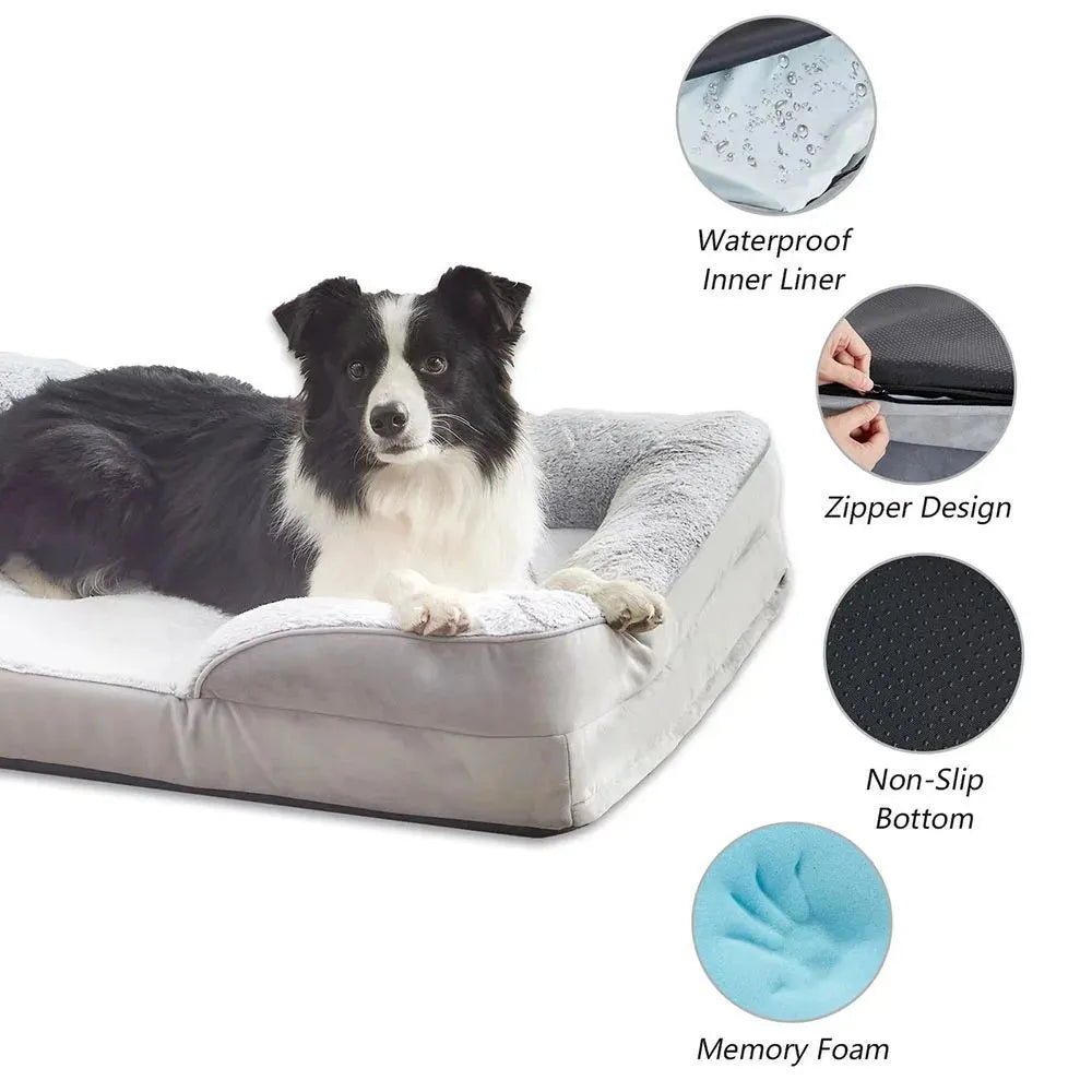 Grey waterproof dog bed with soft fleece lining and raised edges, size L 90x65x16cm