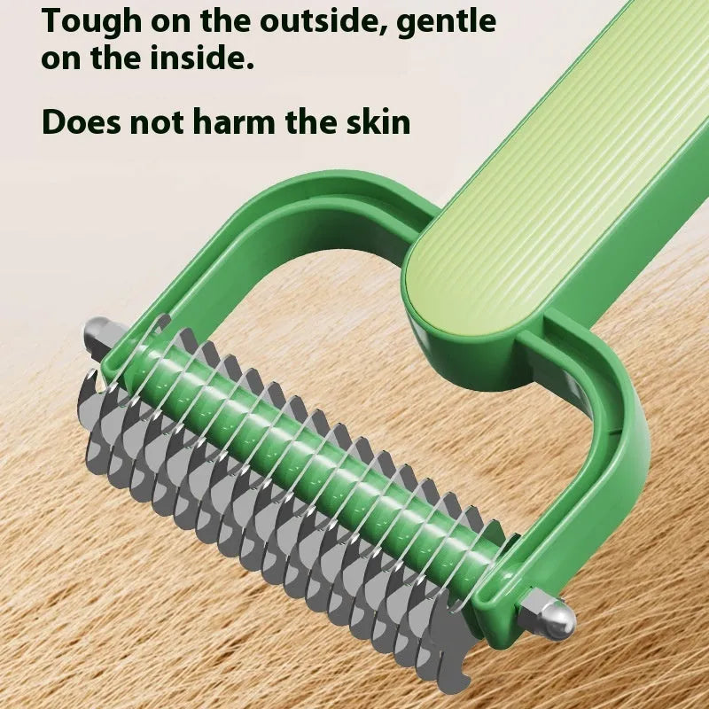 Green and grey dog grooming unknotting comb with stainless steel pins on a plastic handle.