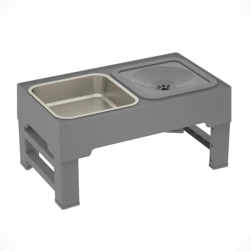 Adjustable height black dog bowl stand with two stainless steel food and water bowls