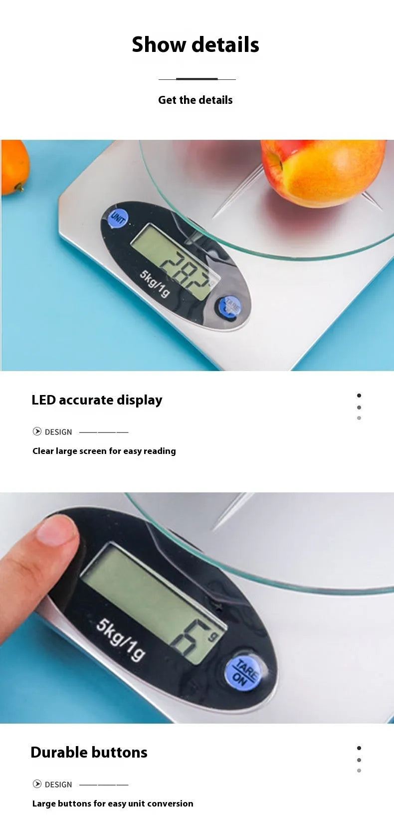 Simple mini kitchen electronic scale in silver white colour on a flat surface, showing weighing display.