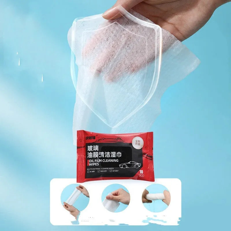 Pack of 10 portable glass oil film removing wipes with degreasing formulation on a white background