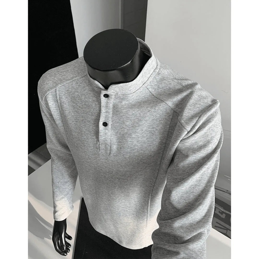 Men's loose-fit long-sleeve polo shirt with a stand-up collar and asymmetric patchwork design in Chinese cotton.
