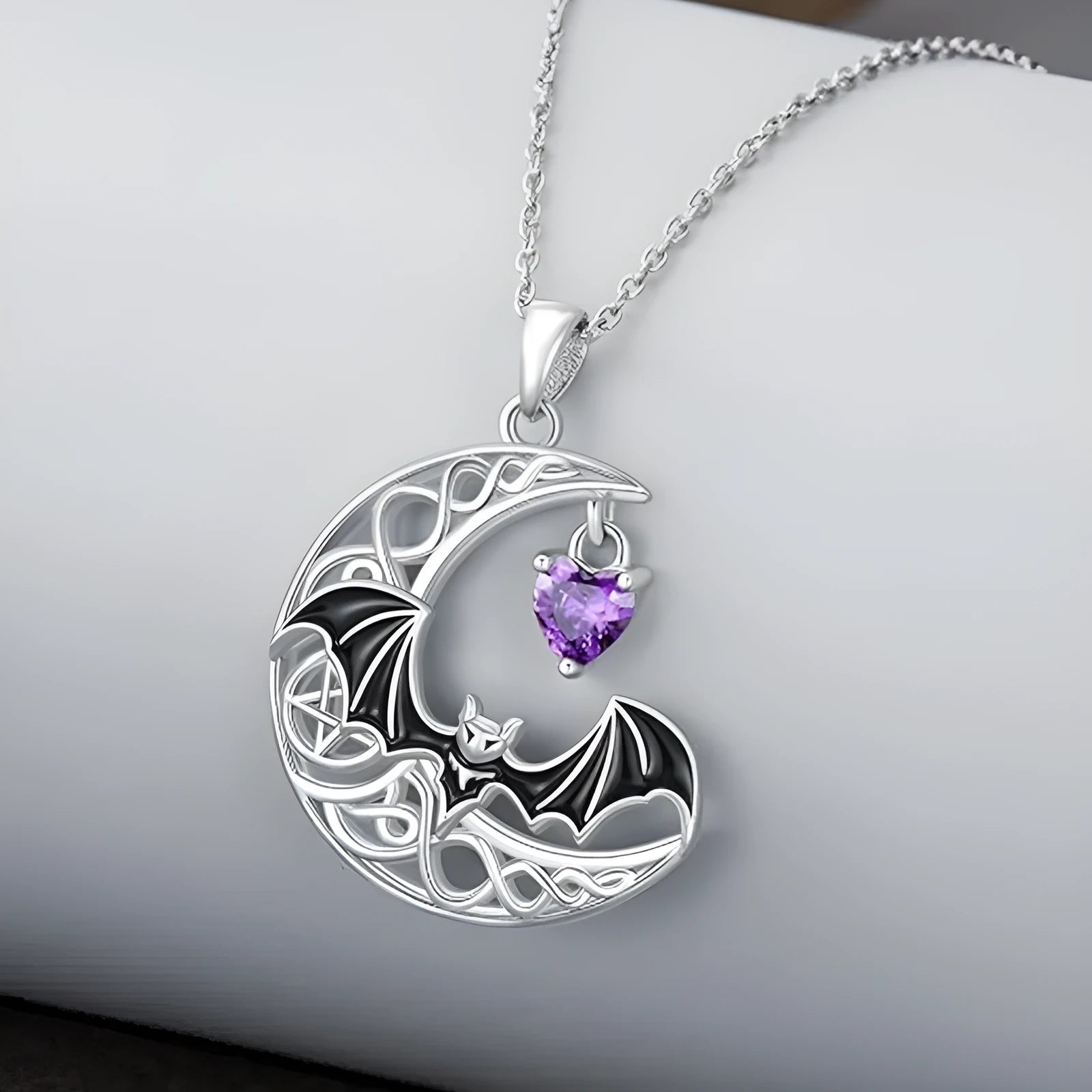 Retro gothic 925 silver bat pendant necklace on O-shaped chain, adjustable 51-60cm, silver colour