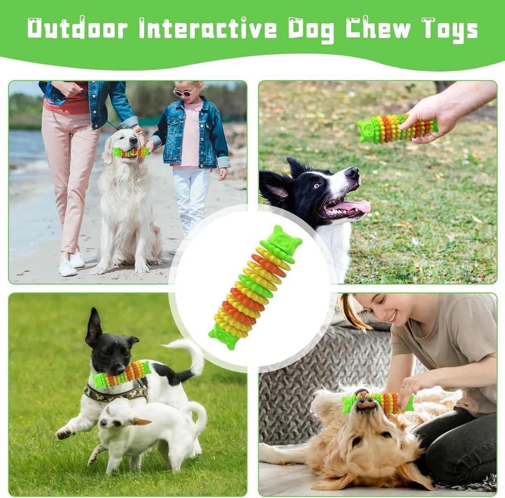 Blue natural rubber caterpillar-shaped dog chew toy for aggressive chewers on a white background.
