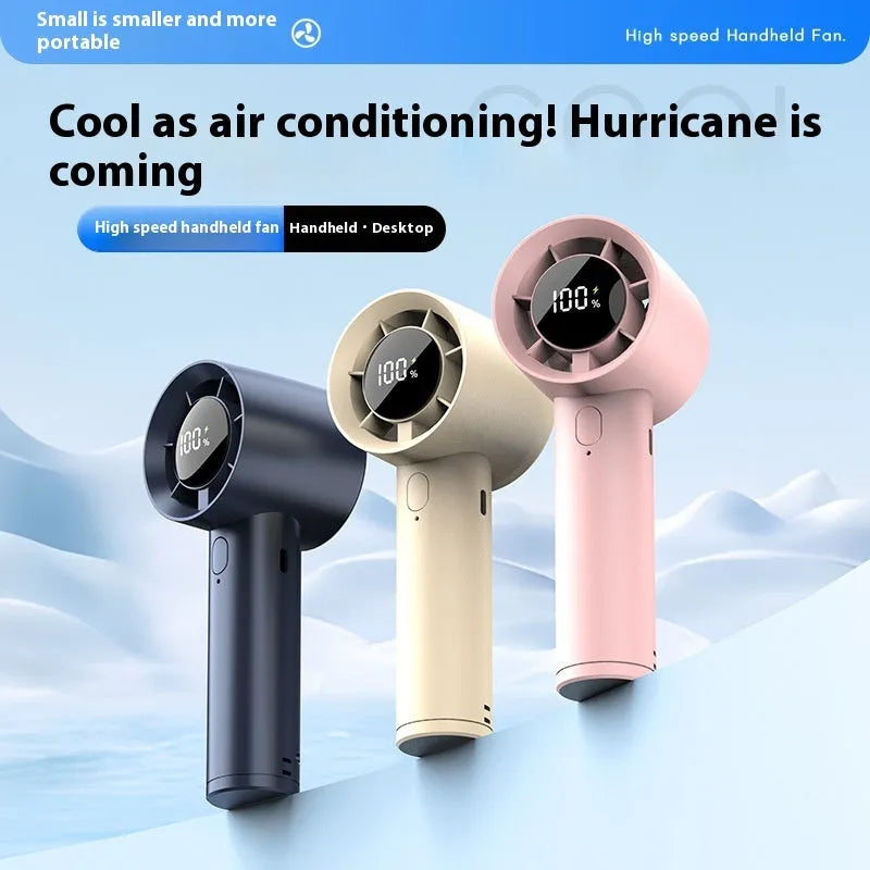 Handheld digital display fan in khaki with six speed modes and USB port