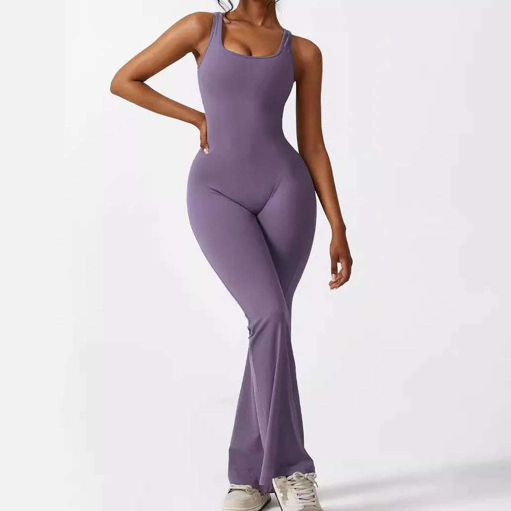 Women's sleeveless flare jumpsuit yoga pants in high-elasticity polyester