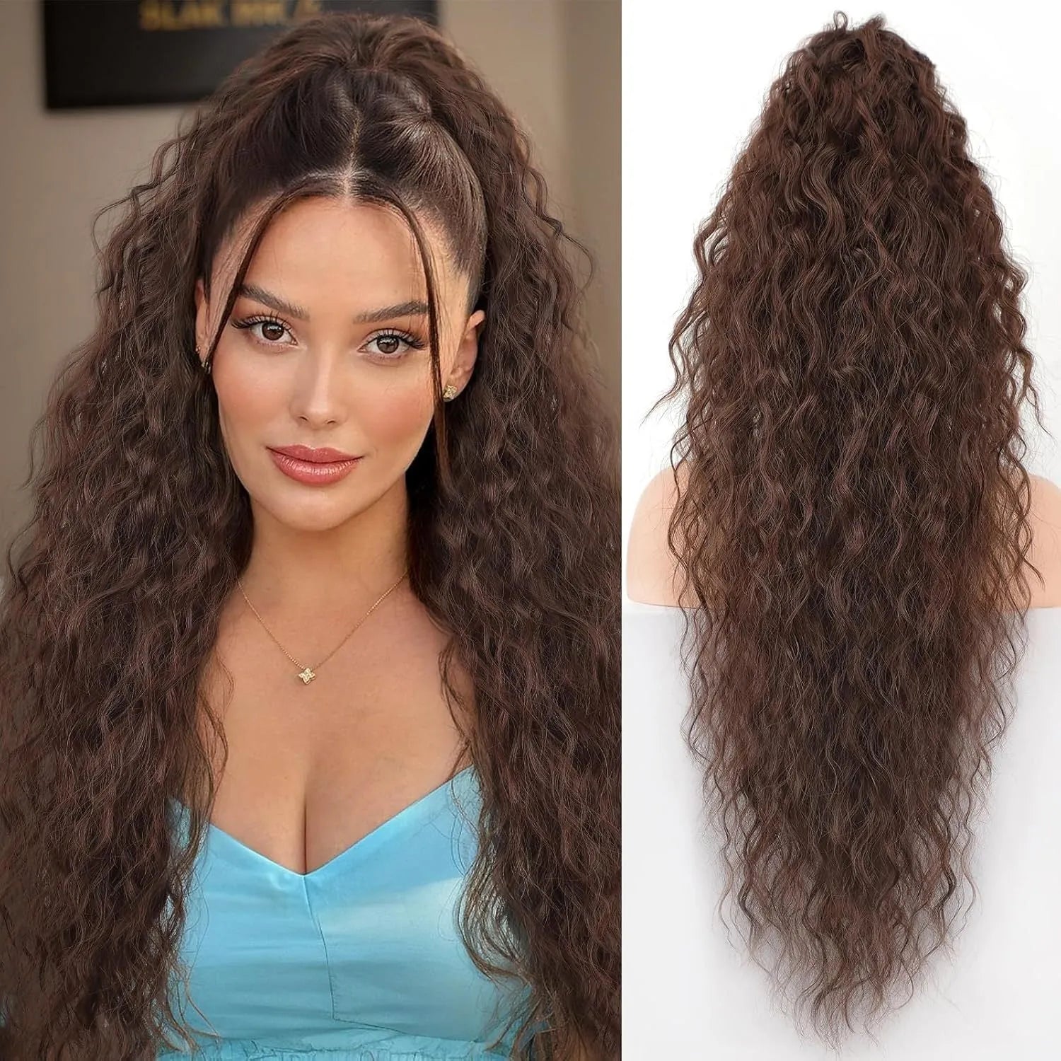 Long, fluffy curly synthetic ponytail wig in a high temperature fibre, shown in a 30-inch length.