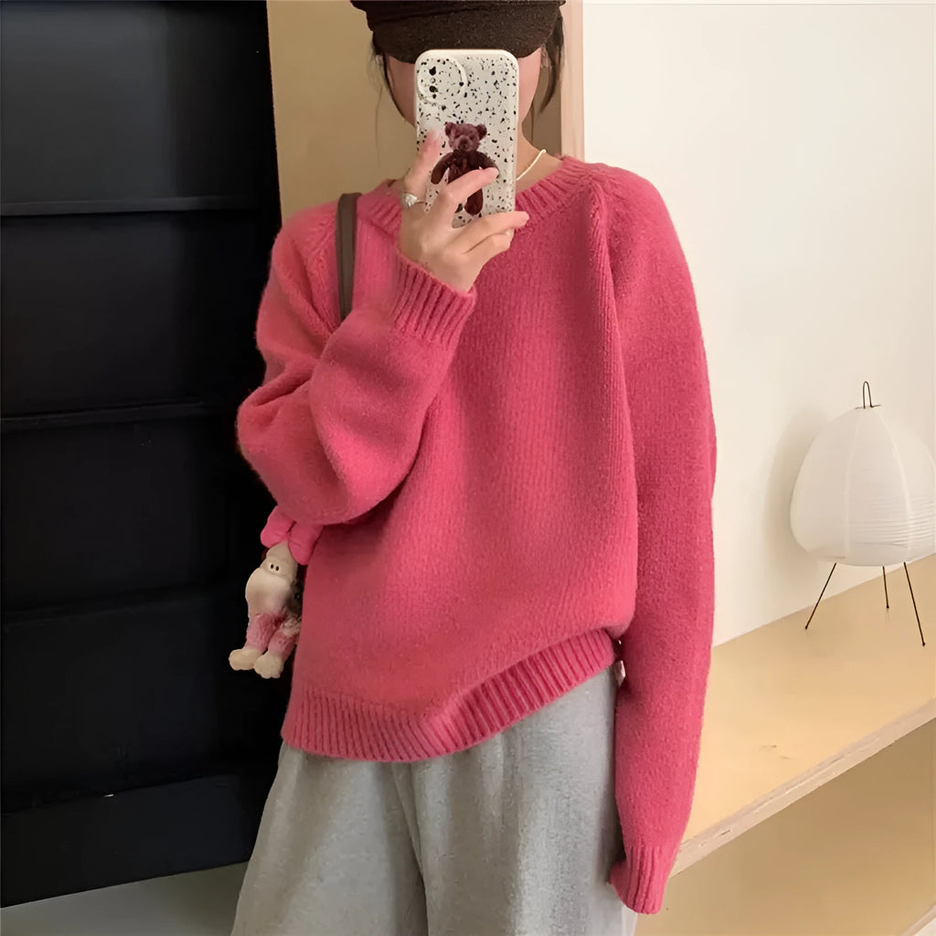 Candy colour pullover slimming sweater in rose red, free size, loose fit acrylic spandex top