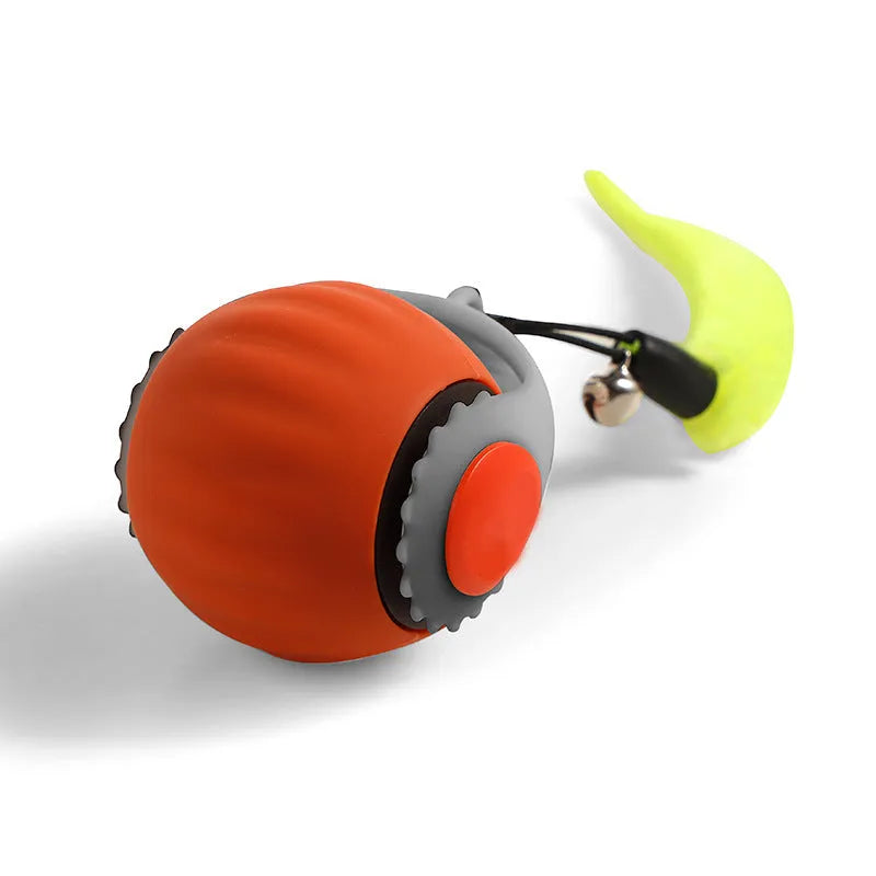 Automatic gravity-sensing cat toy with rolling ball and tail attachment in blue colour with gun grip handle