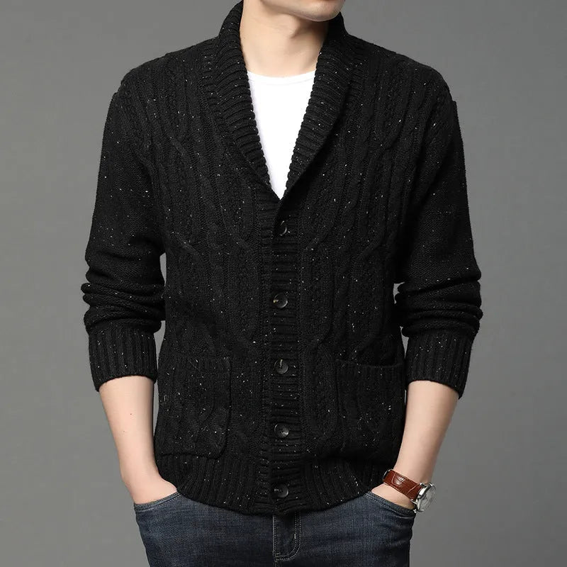 Korean-style men's jacquard patterned knitted cardigan in straight cut design for autumn winter wear