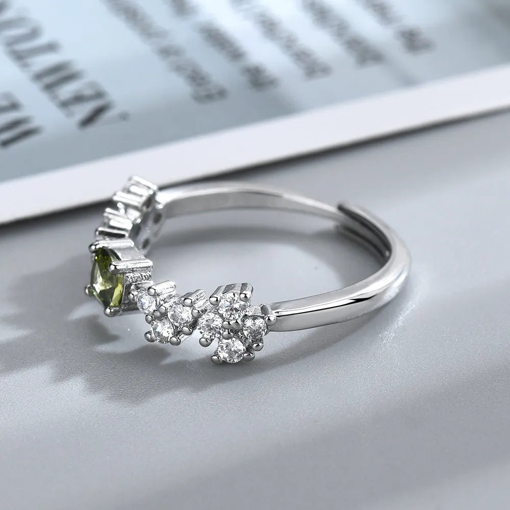 Adjustable copper crown ring with square olive green zircon stone and white gold tone electroplated finish