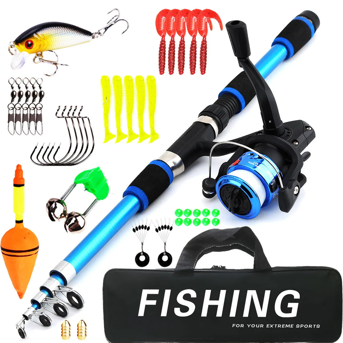Children's fishing rod set with pole and wheel suit in green, red, yellow, and blue with bait accessory box pack