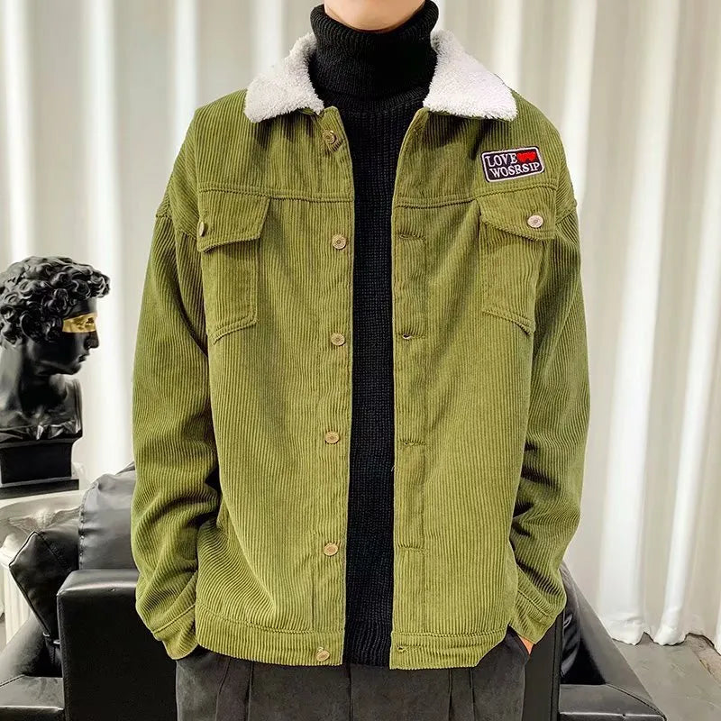 Men's loose-fit corduroy workwear jacket in khaki colour showing front view with stick pockets.