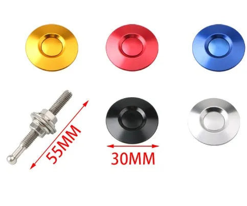 30mm diameter aluminium alloy engine cover lock in silver, black, gold, blue, and red colours next to a 55mm screw.