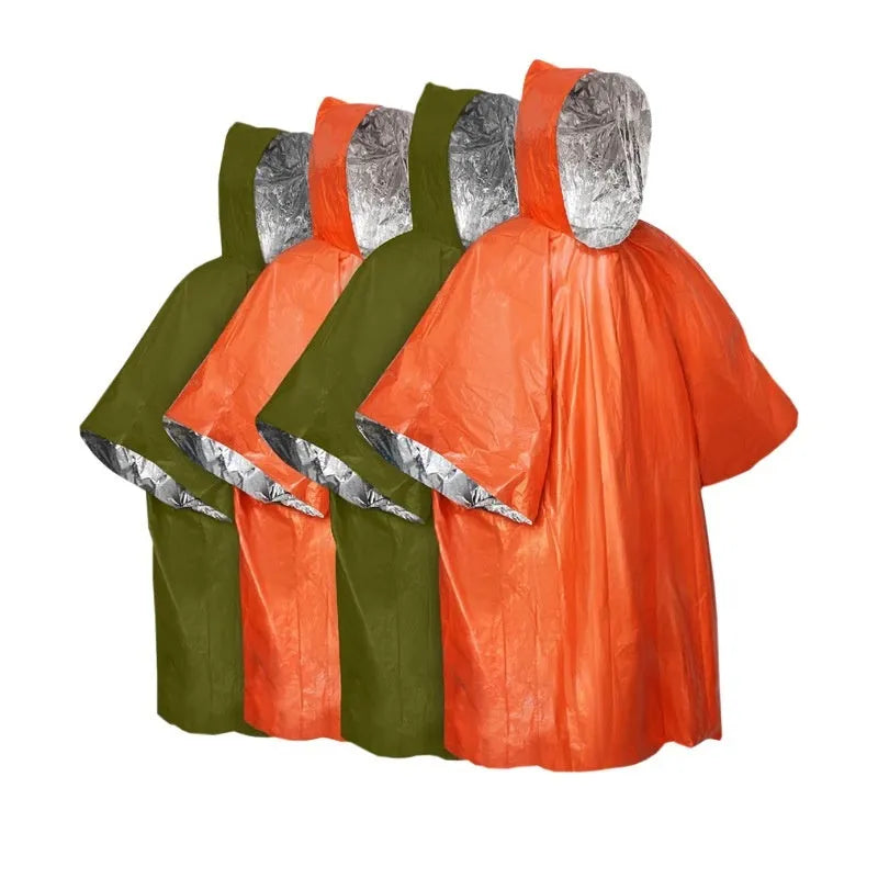 Orange and army green adult waterproof raincoat for marathon and outdoor use, shown laid flat.