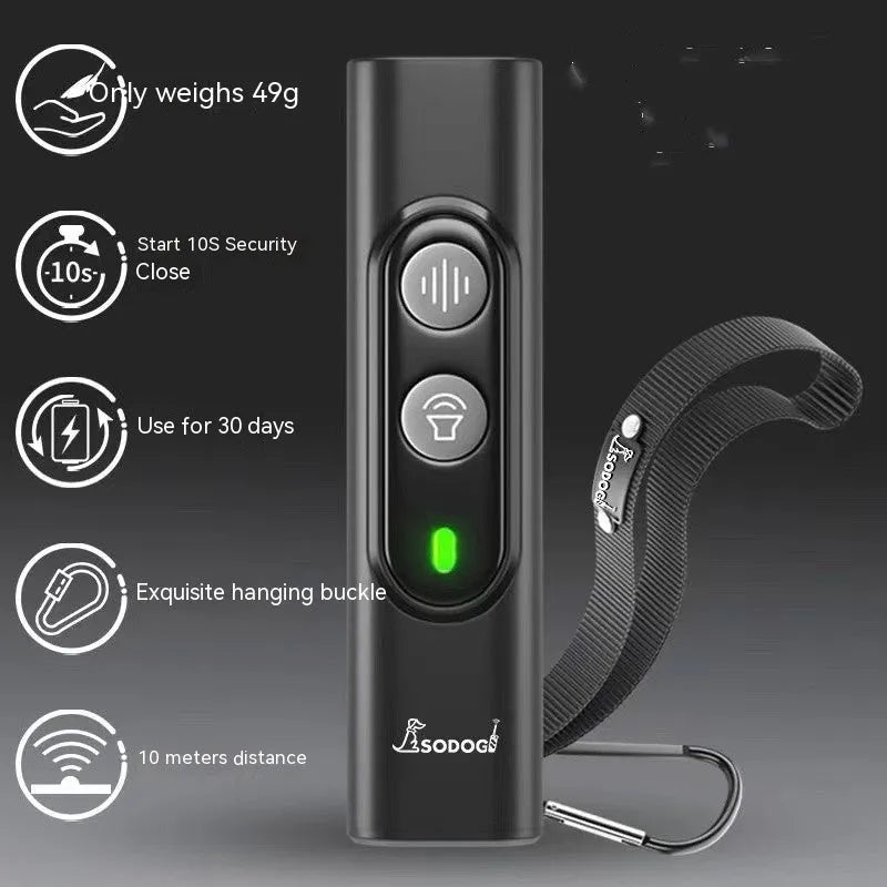 Black high power portable ultrasonic dog repellent device with hanging rope, effective up to 10 metres