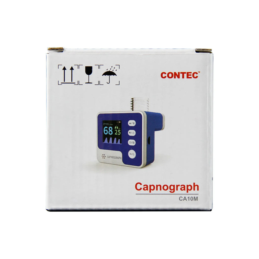 Veterinary CA10M mainstream CO2 capnograph monitor with display, air adapter, and AAA batteries in a handheld design